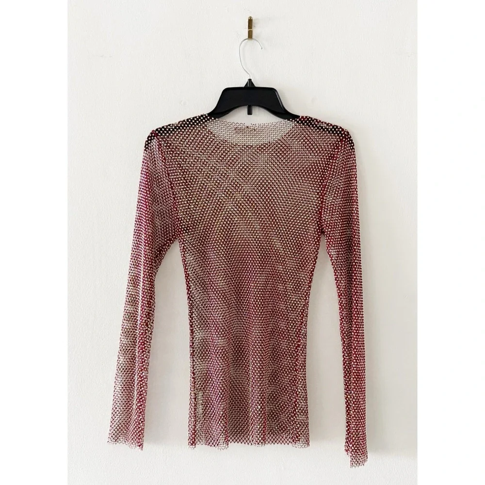 Free People Filter Finish Rhinestone Fishnet Ruby Red Long Sleeve Top Size XS